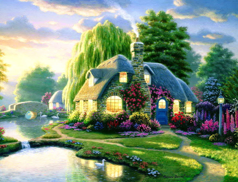 домик у реки - пейзаж, природа, домики, дом, вода - оригинал