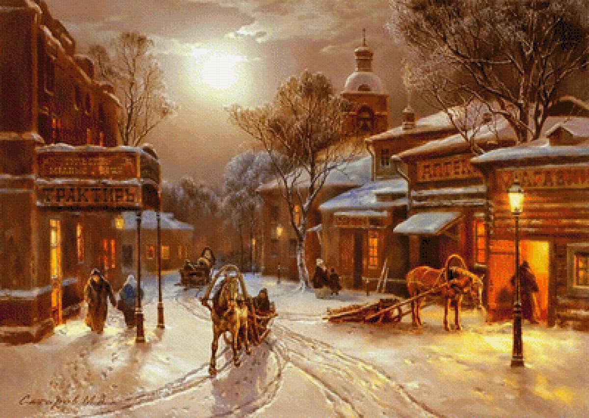 зимняя улица - живопись, зима, картина - предпросмотр