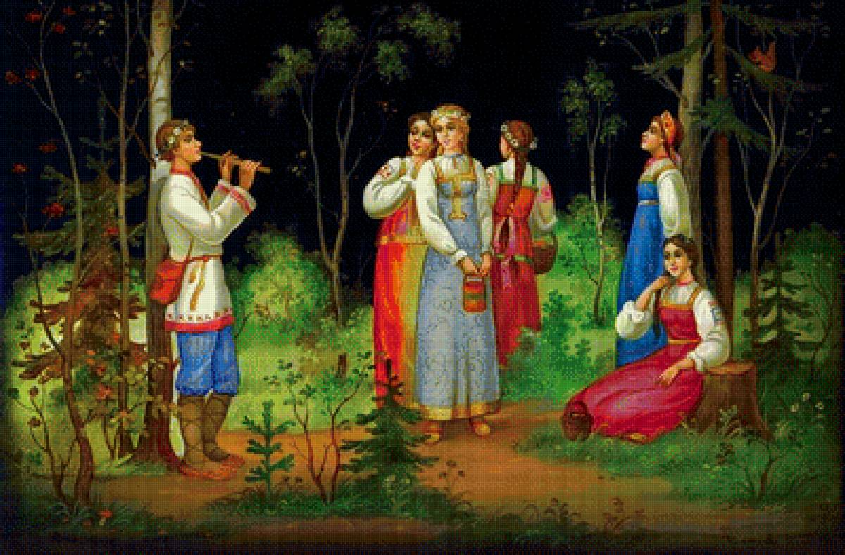 на дудочке - природа, федоскинская роспись, люди, картина - предпросмотр