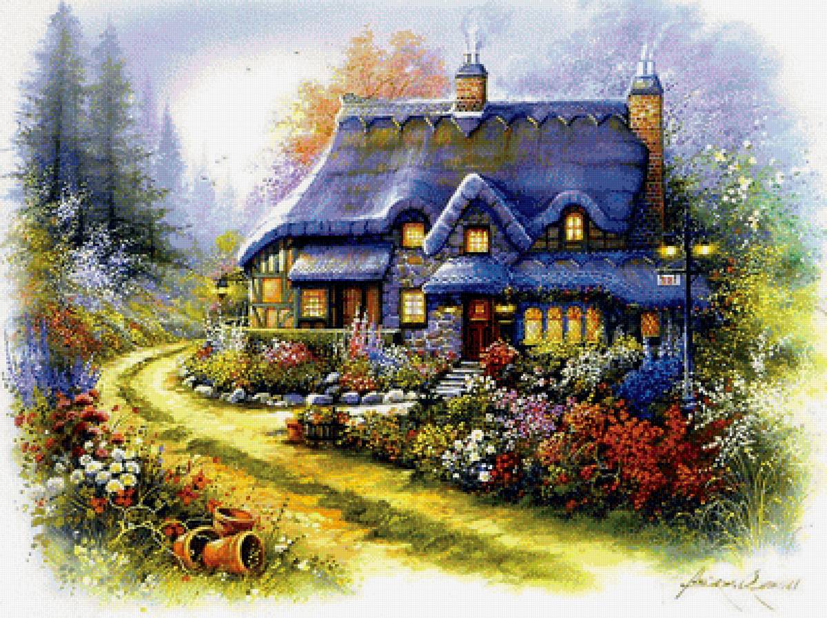 дом в цветах - картина, природа, пейзаж - предпросмотр