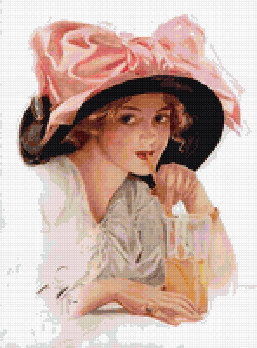 "Розовый бант" Харрисон Фишер - розовый бант, фишер, девушка, черная шляпа - предпросмотр