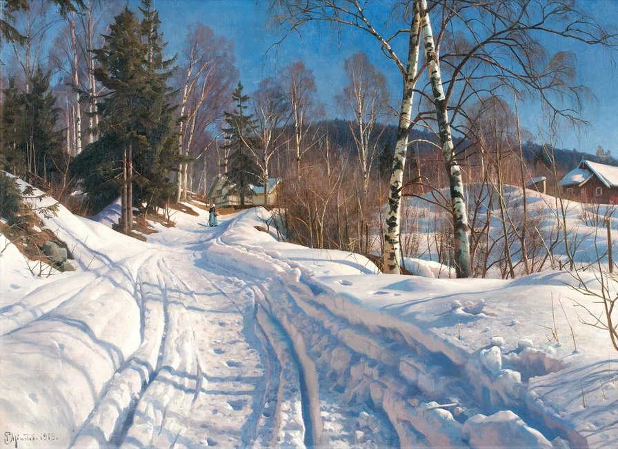Зимний пейзаж по картине П.Менстеда - дорога, снег, лес, зимний день - оригинал
