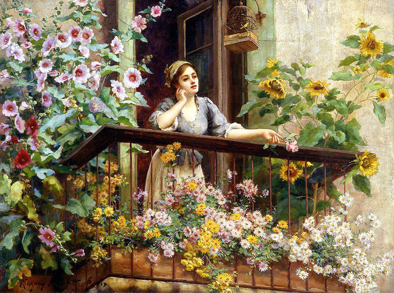 Девушка на балконе - балкон, цветы, девушка - оригинал