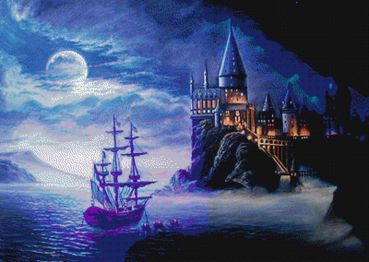 Замок Хогвадс - корабль, море, ночь, замок, хогвардс - предпросмотр