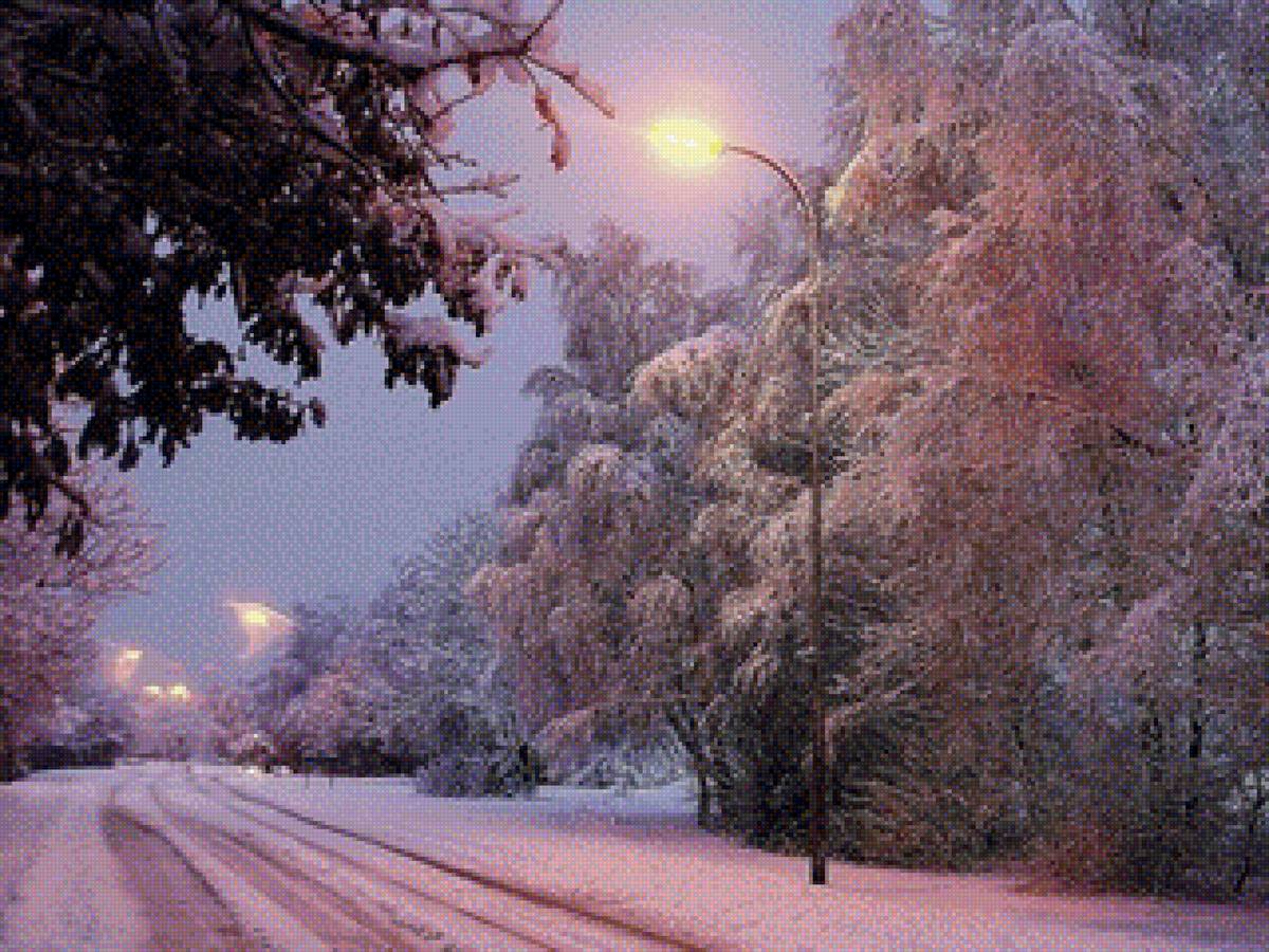 Зимние фонари - фонари, снег, зима, дорога, деревья - предпросмотр