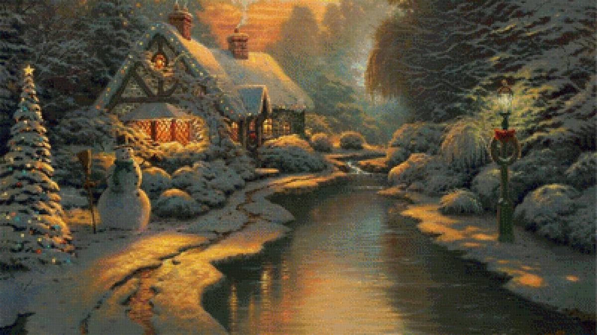 Пряничный домик - домик, рождество. рождественская ночь, новый год, снеговик, зима - предпросмотр