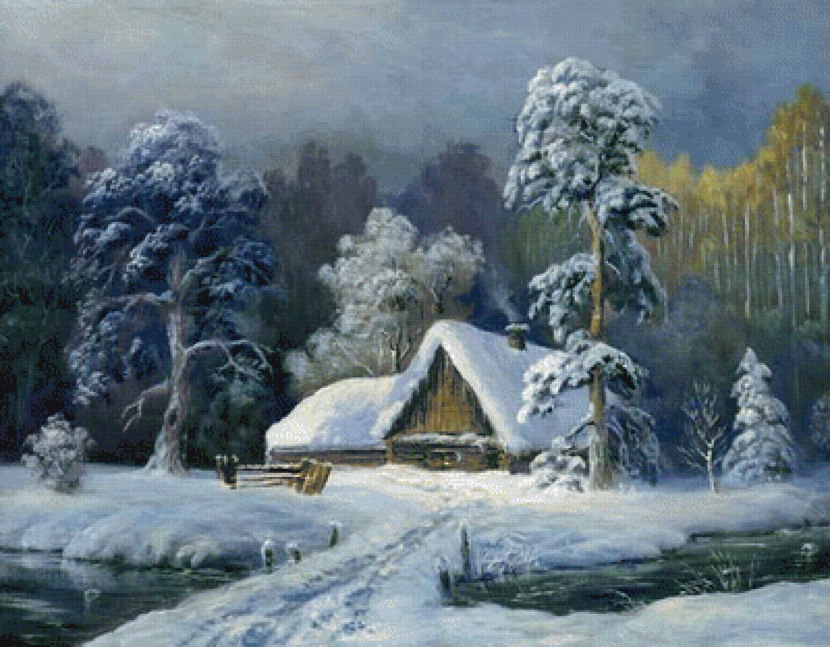 Зимний день по картине С.Побытова - лес, домик, зима, снег - предпросмотр