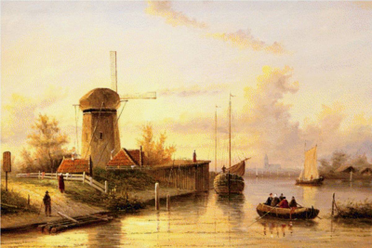 у мельницы - картина, пейзаж, природа - предпросмотр