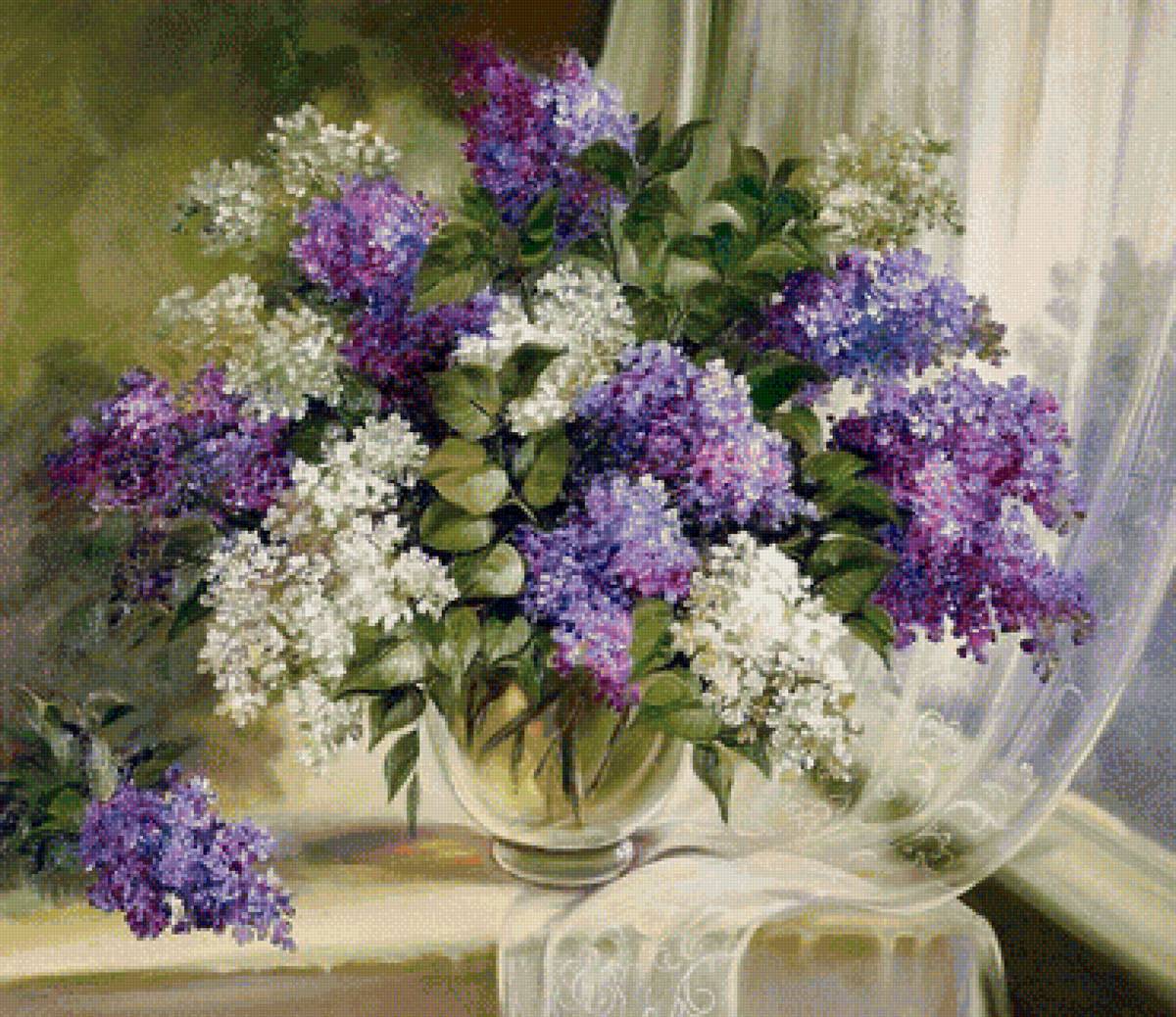 Худ. Н. Пуничева. У окна - ваза, окно, сирень, цветы - предпросмотр