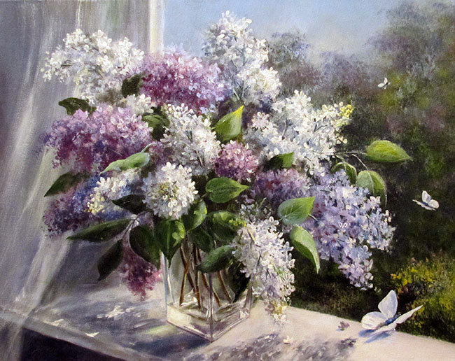 Худ. Ольга Воробьева - цветы, окно, сирень - оригинал
