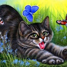 Оригинал схемы вышивки «кот с бабочками» (№1382991)