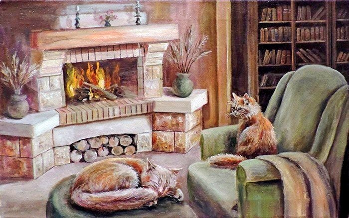 Кошки у камина - камин, кошки, комната - оригинал