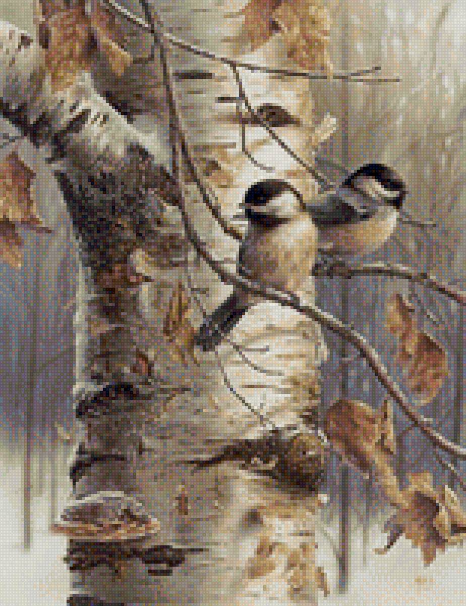 синички - крестиком, синички, береза - предпросмотр