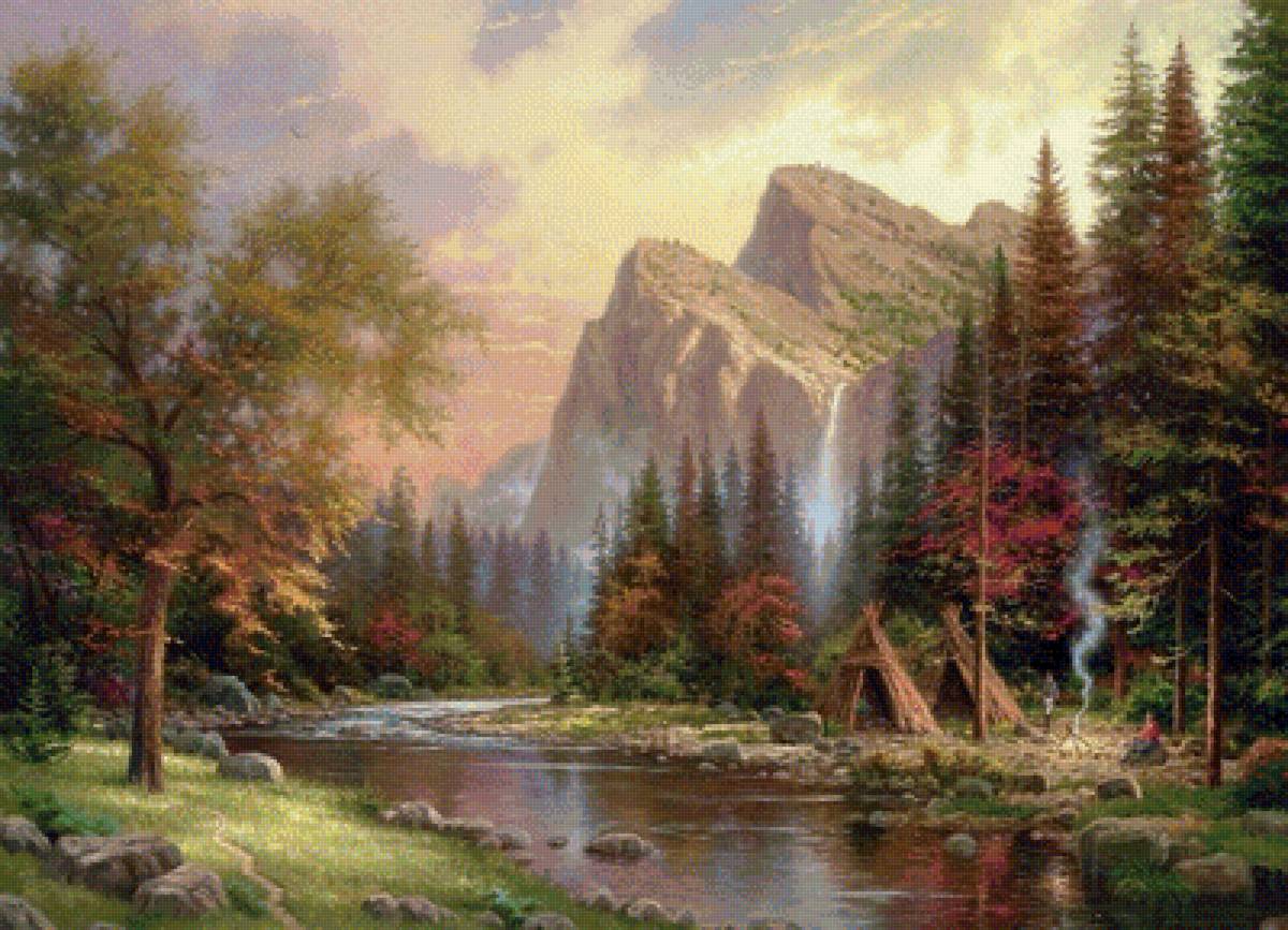 Отдых у воды - горы, природа, картина, река, пейзаж - предпросмотр