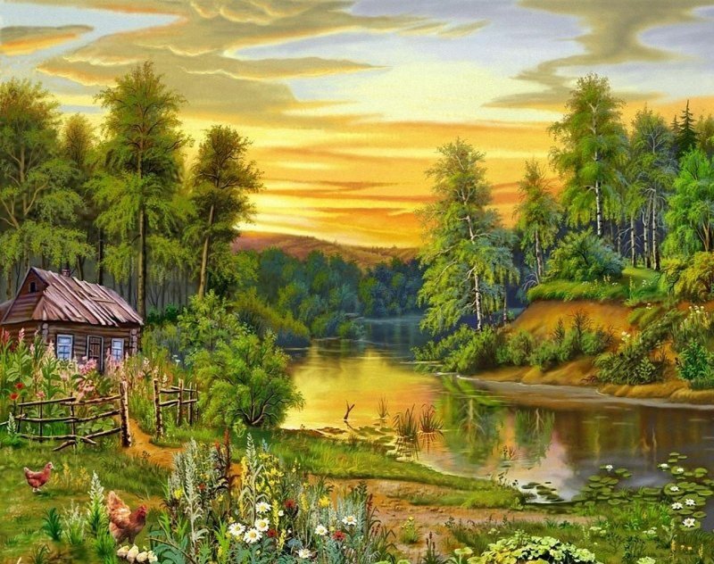 Домик у реки - картина, пейзаж, природа, река - оригинал