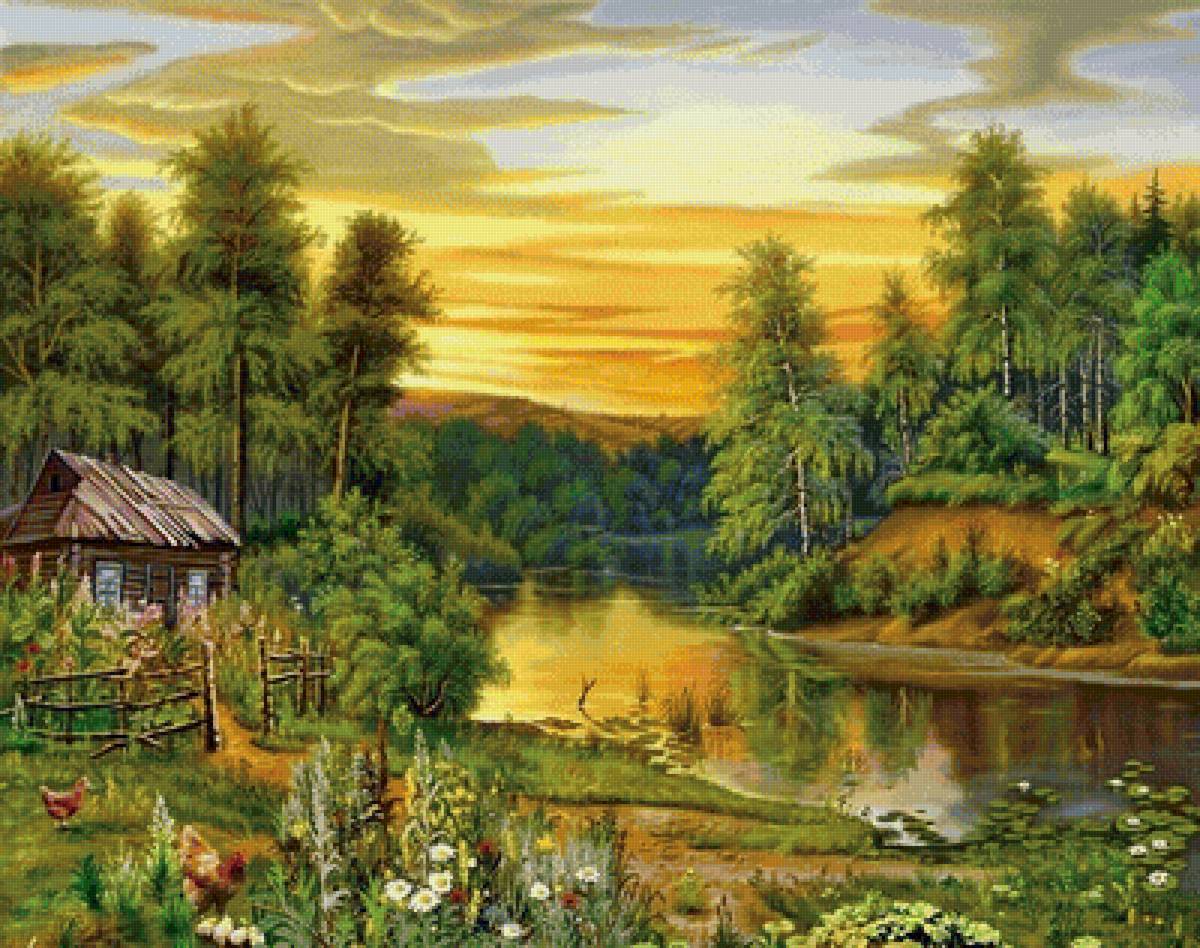 Домик у реки - река, природа, пейзаж, картина - предпросмотр