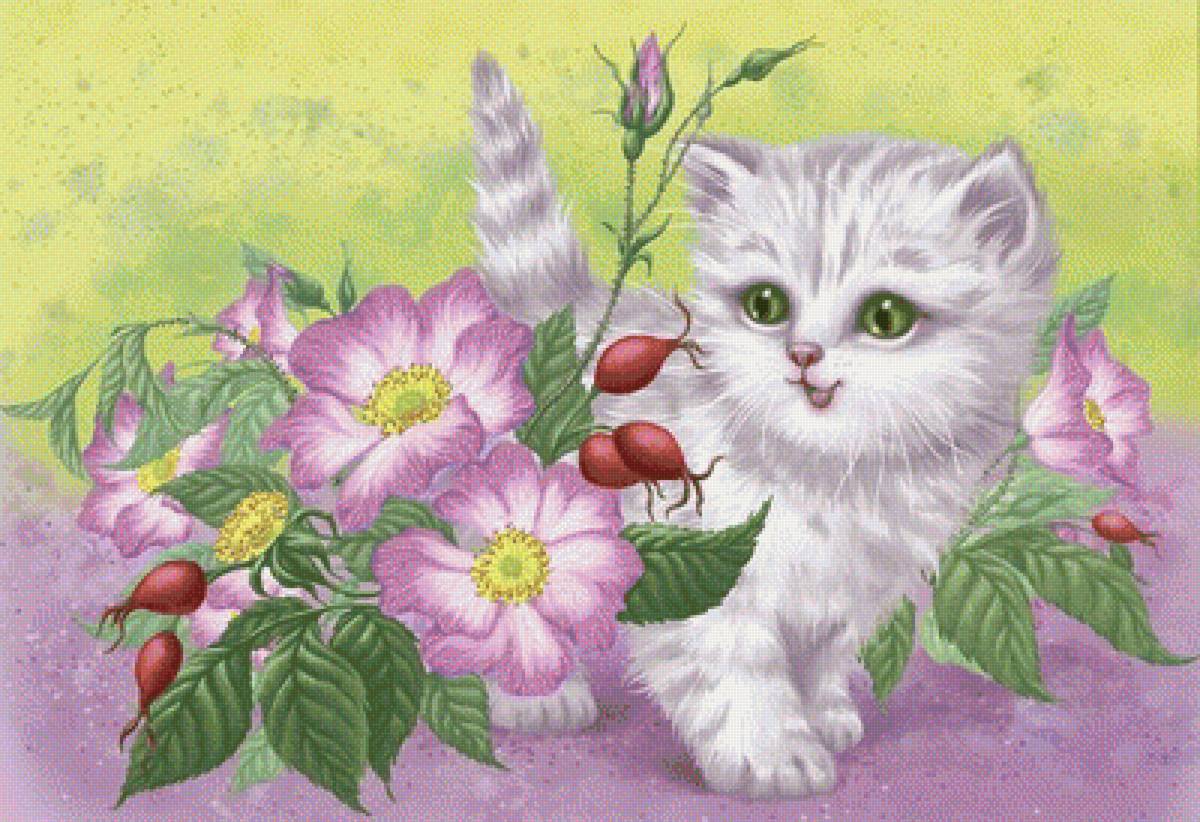 Открытка кот с цветами. Котик с цветами. Котенок в цветах. Котенок с цветочком.
