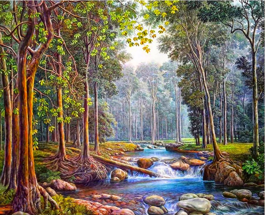 ручей в лесу - лес, пейзаж, живопись, природа - оригинал
