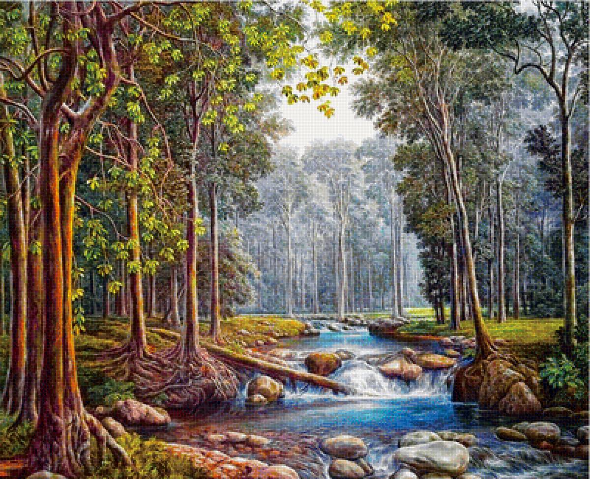 Рисунок леса реки. Ручей в лесу. Картина природа. Лесной пейзаж живопись. Пейзаж с ручейком.