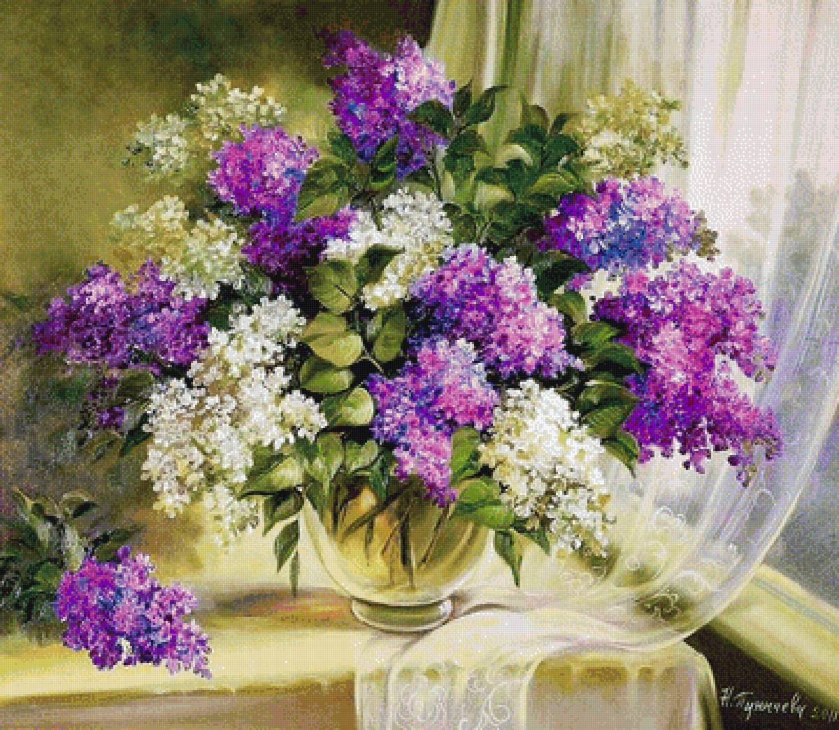 Сирень на окне. - живопись, сирень, окно, цветы, букет, ваза, картина, пуничев - предпросмотр