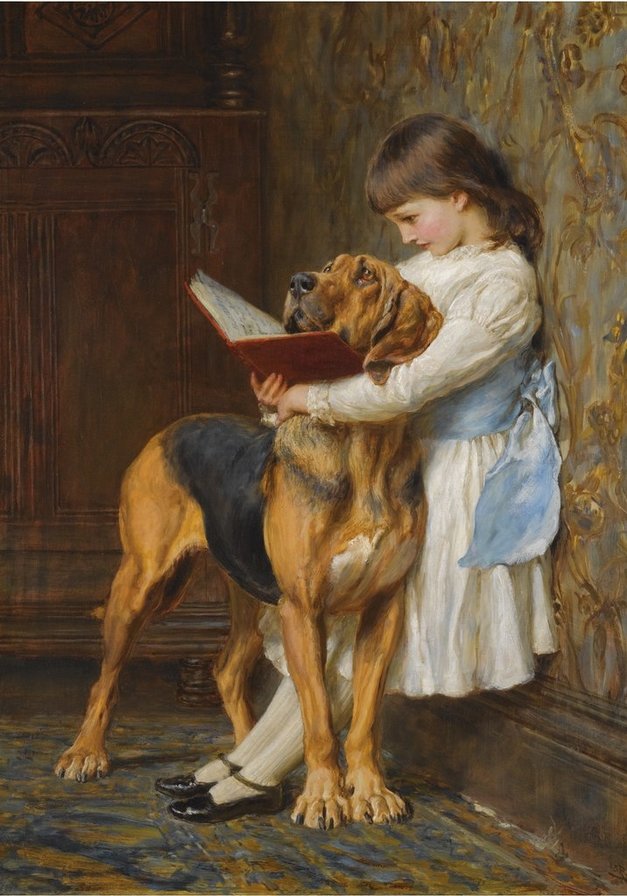 Чтение урока (художник Брайтон Ривьер) - девочка, собака, животные, картины, люди, дети - оригинал