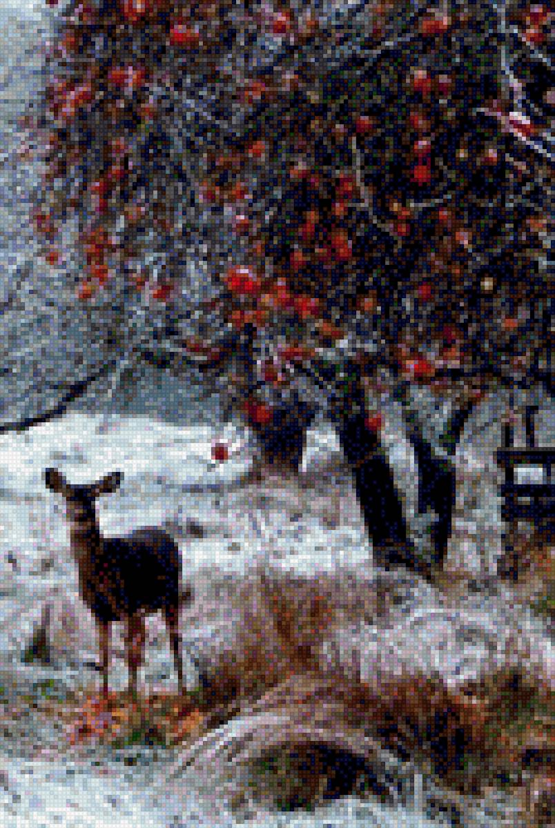 Зимняя встреча - зима, дерево, олень - предпросмотр