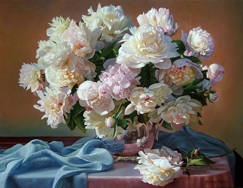 пионы и шелк - натюрморт, цветы, пионы, букет - оригинал