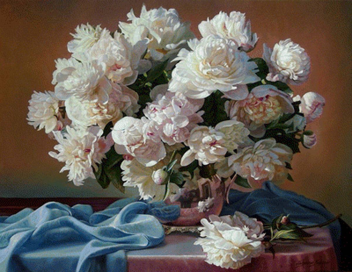 пионы и шелк - натюрморт, пионы, цветы, букет - предпросмотр