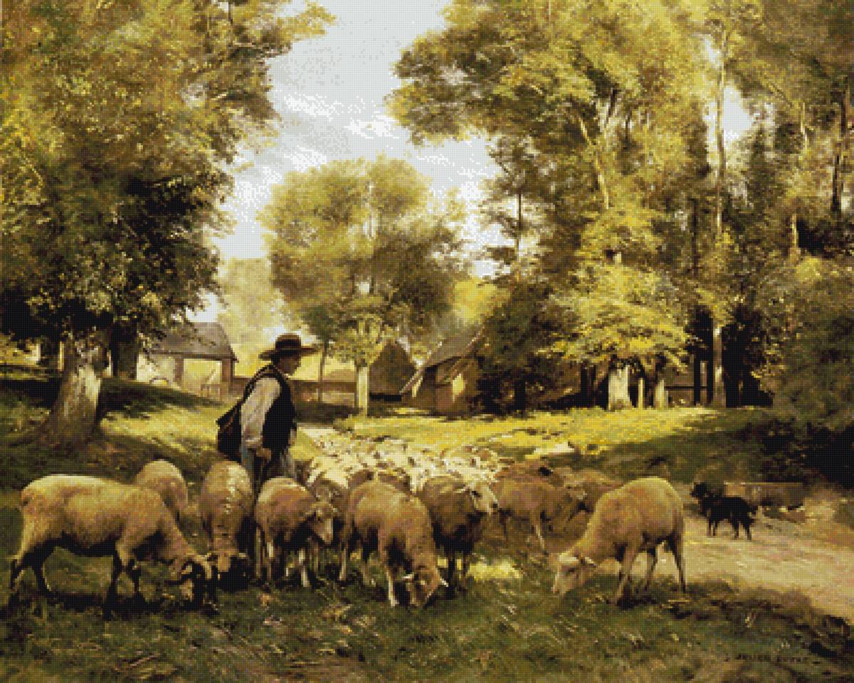 Пастух и овцы - пастух, овцы, пейзаж - предпросмотр