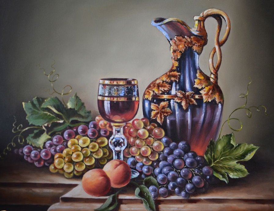 натюрморт - фрукты, кувшин, виноград, бокал - оригинал