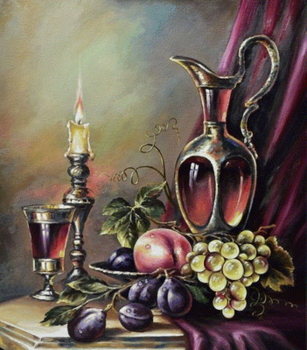 натюрморт - свеча, бокал, кувшин, виноград, фрукты - предпросмотр