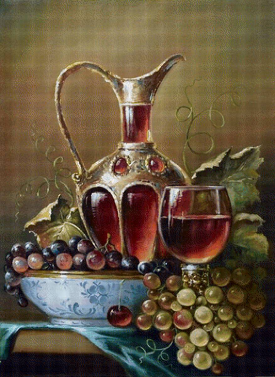 натюрморт - виноград, кувшин, фрукты, бокал - предпросмотр