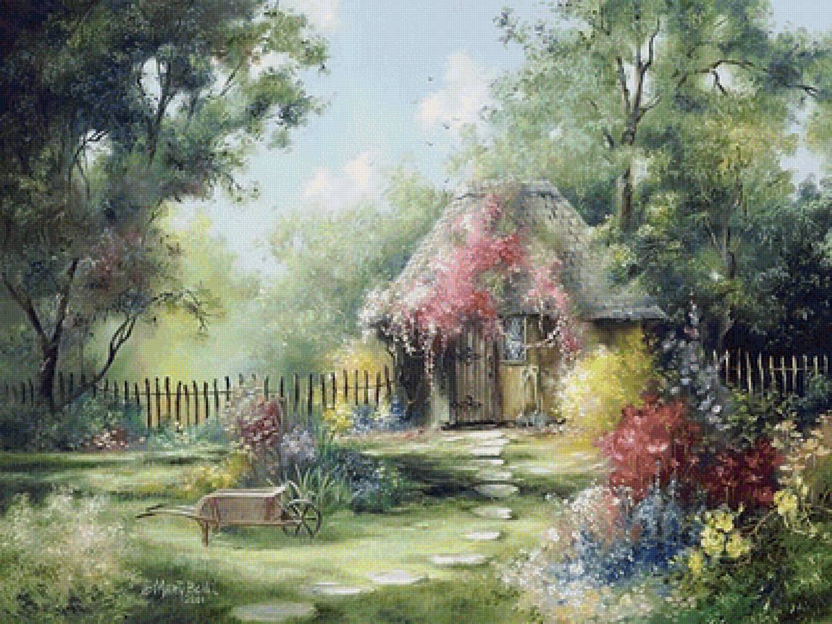 Домик - цветы, дом, вода, пейзаж - предпросмотр