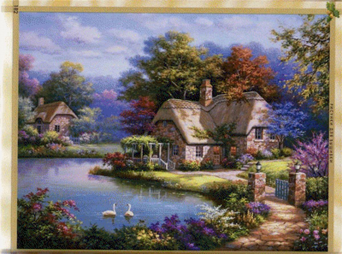 Сельский пруд - пруд, домики, лебеди - предпросмотр