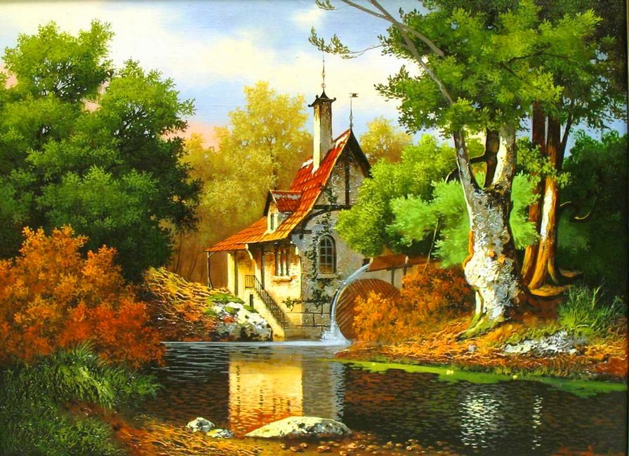 водяная мельница - осень, живопись, пейзаж, природа - оригинал