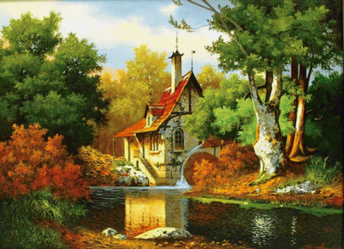 водяная мельница - осень, природа, пейзаж, живопись - предпросмотр