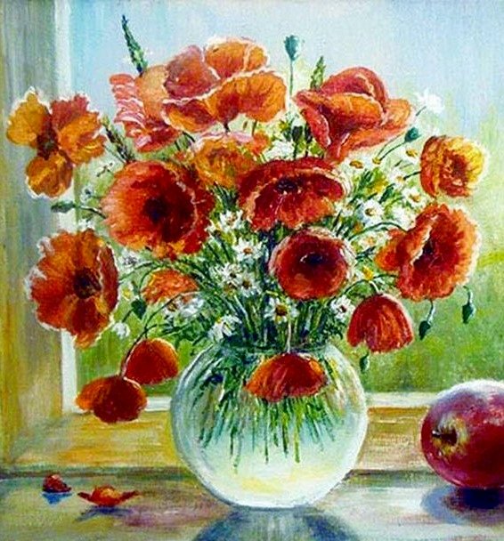 маки полевые  на окне - оригинал