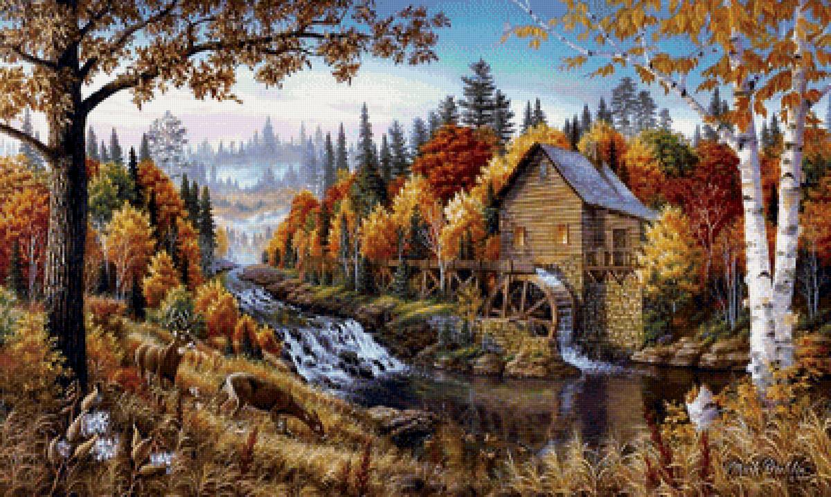 Водяная мельница - живопись, картина, природа - предпросмотр