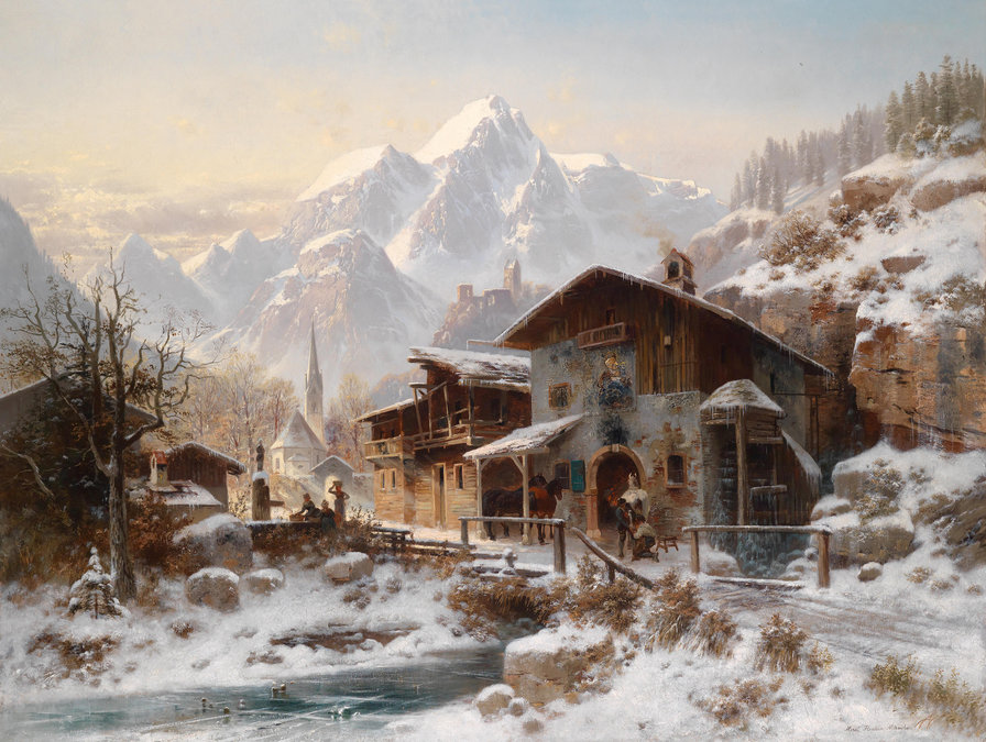 Зимний пейзаж - люди, зима, дом, горы, река - оригинал