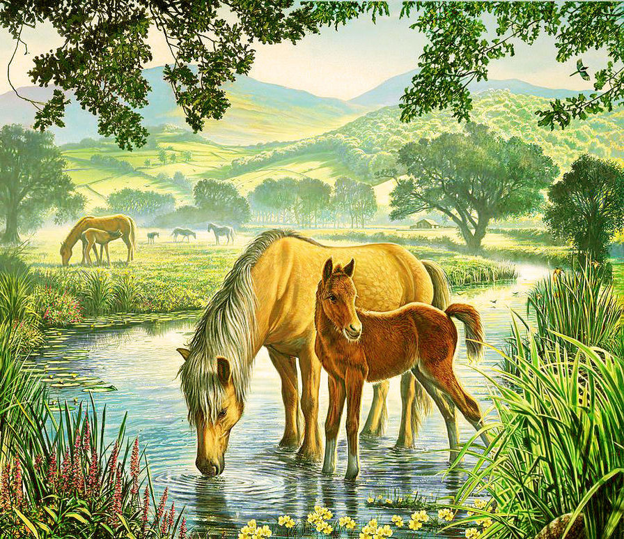 летним днём - пейзаж, лето, лошади, природа - оригинал