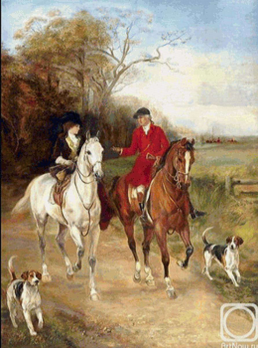 Утреняя прогулка - люди, лошади, картина, природа, живопись, животные - предпросмотр