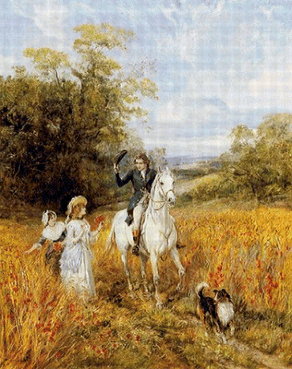 Прогулка - животные, картина, люди, природа, живопись - предпросмотр