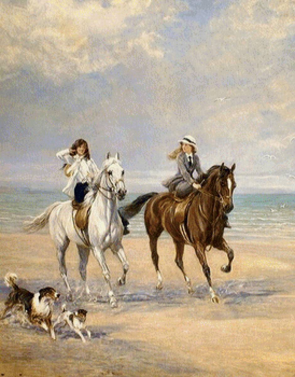 Утреняя прогулка - животные, живопись, люди, природа, картина, лошади - предпросмотр