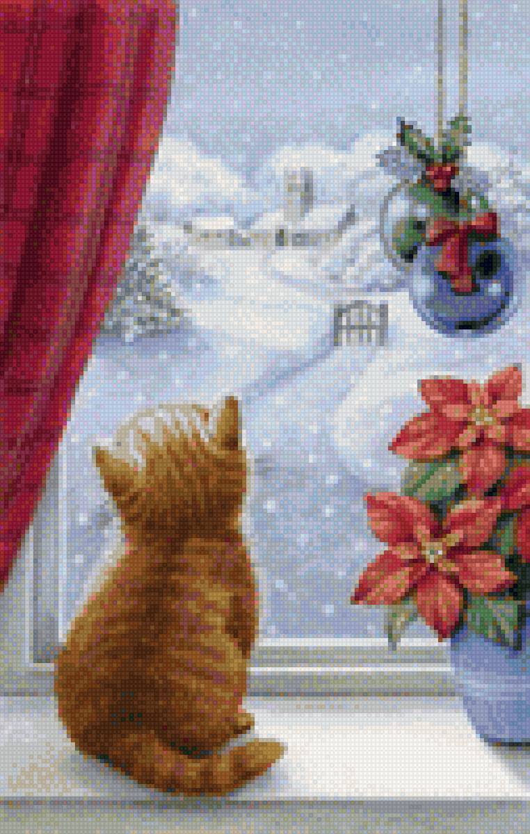 Рыжий котенок - зима, праздник, кот, окно - предпросмотр