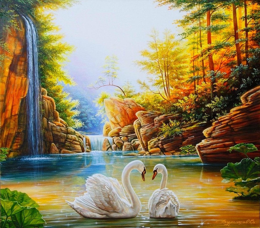 лебеди - природа, живопись, пейзаж, осень - оригинал