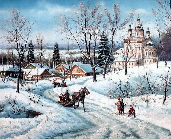 Русская зима - живопись, животные, люди, лошади, природа, картина - оригинал