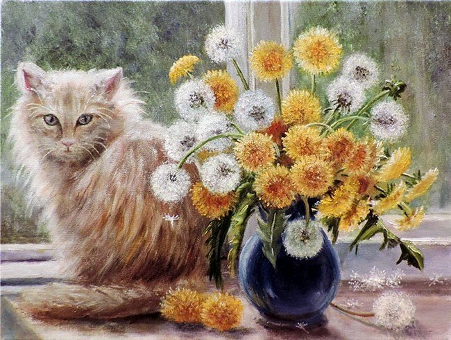 Одуванчиковый кот - одуванчики, кот, окно, букет - оригинал