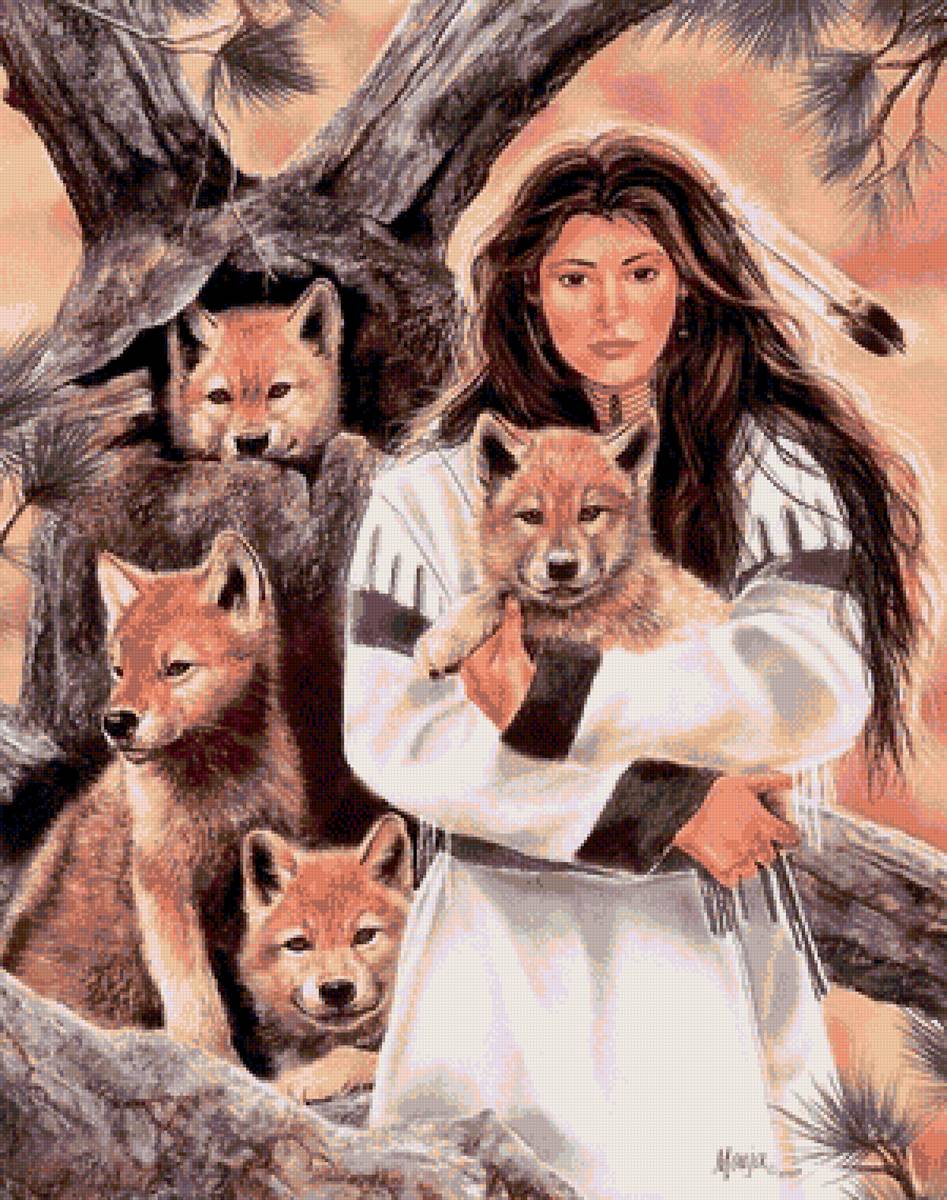 индейцы26 - девушка, индейцы, лисы - предпросмотр