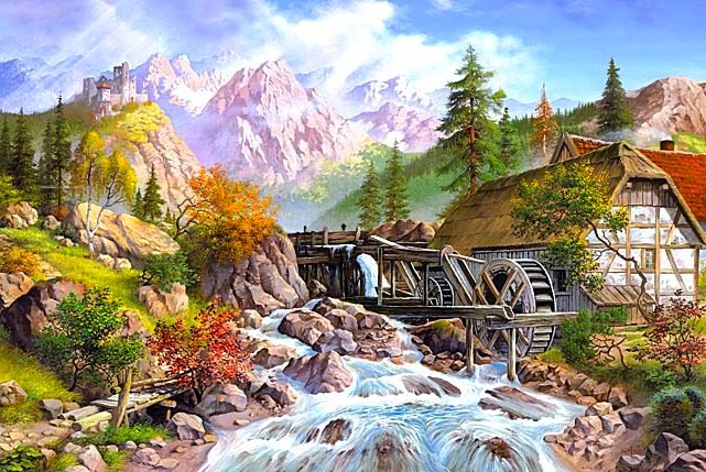мельница в горах - природа, картина, пейзаж - оригинал