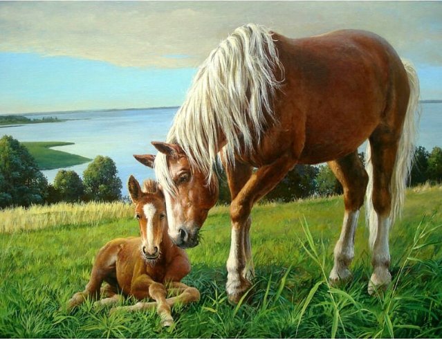 Мать и дитя - живопись, картина, лошади, природа, животные - оригинал